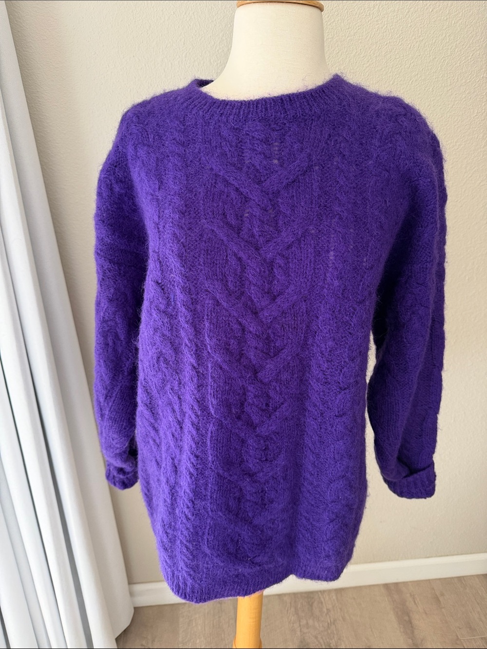 Mohair Wool Blend Purple Cable Knit Crew Neck Sweater